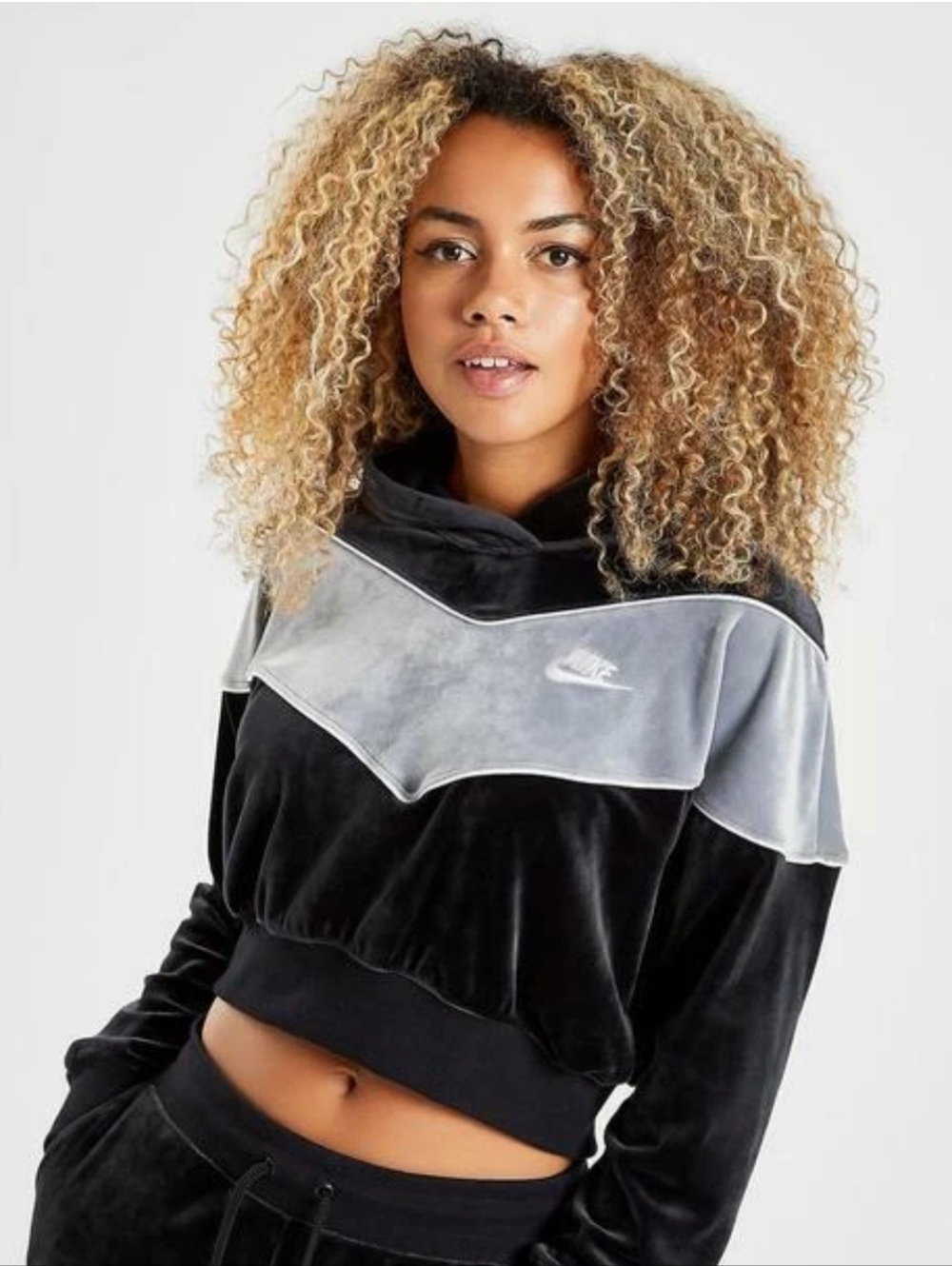 Nike Women's Black and Gray Velour Cropped Hoodie Size M